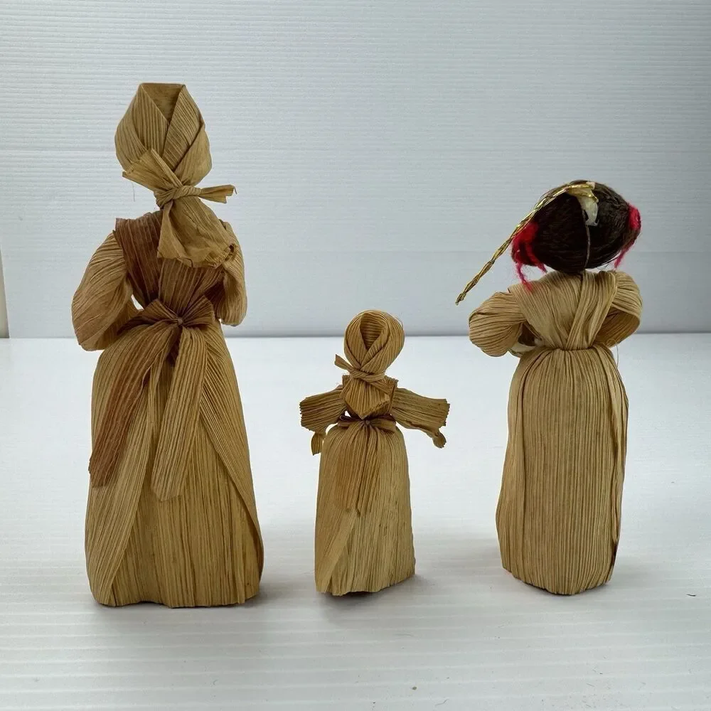 Vintage Corn Husk Dolls Set of 3 Handmade Folk Art Rustic Farmhouse Decor Fall